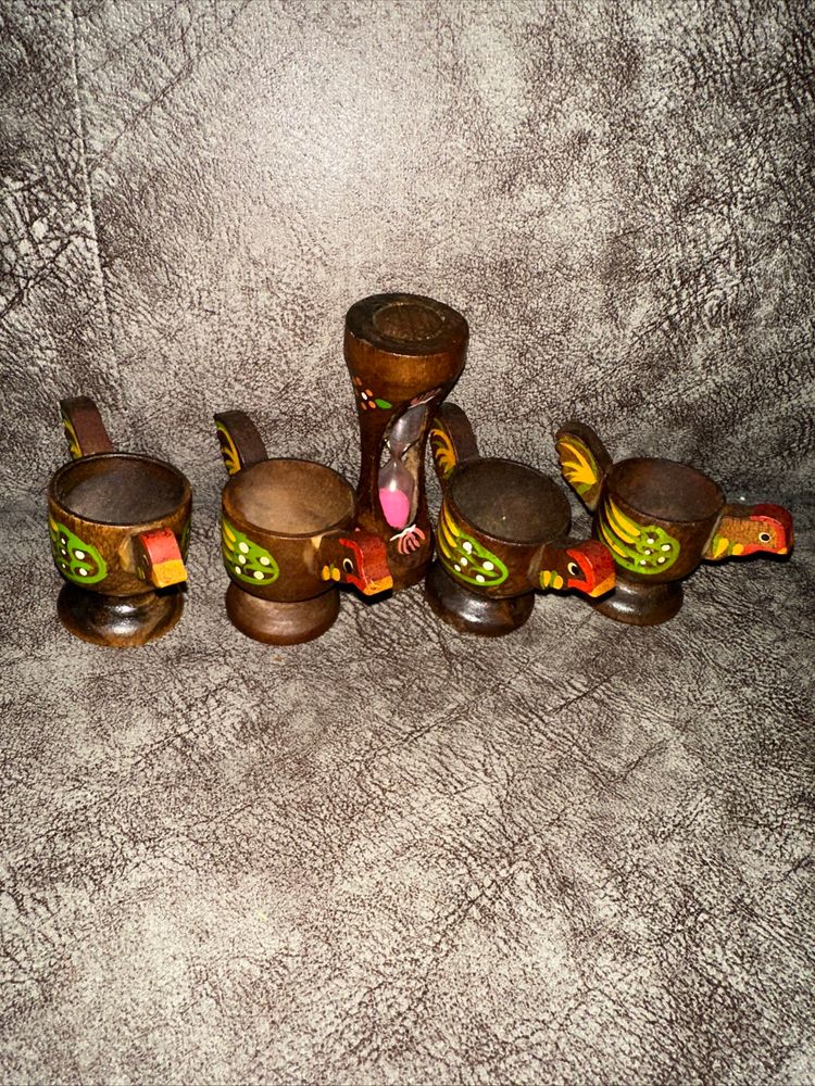 Vintage hand painted wood chicken egg cups and hourglass timer set of 5