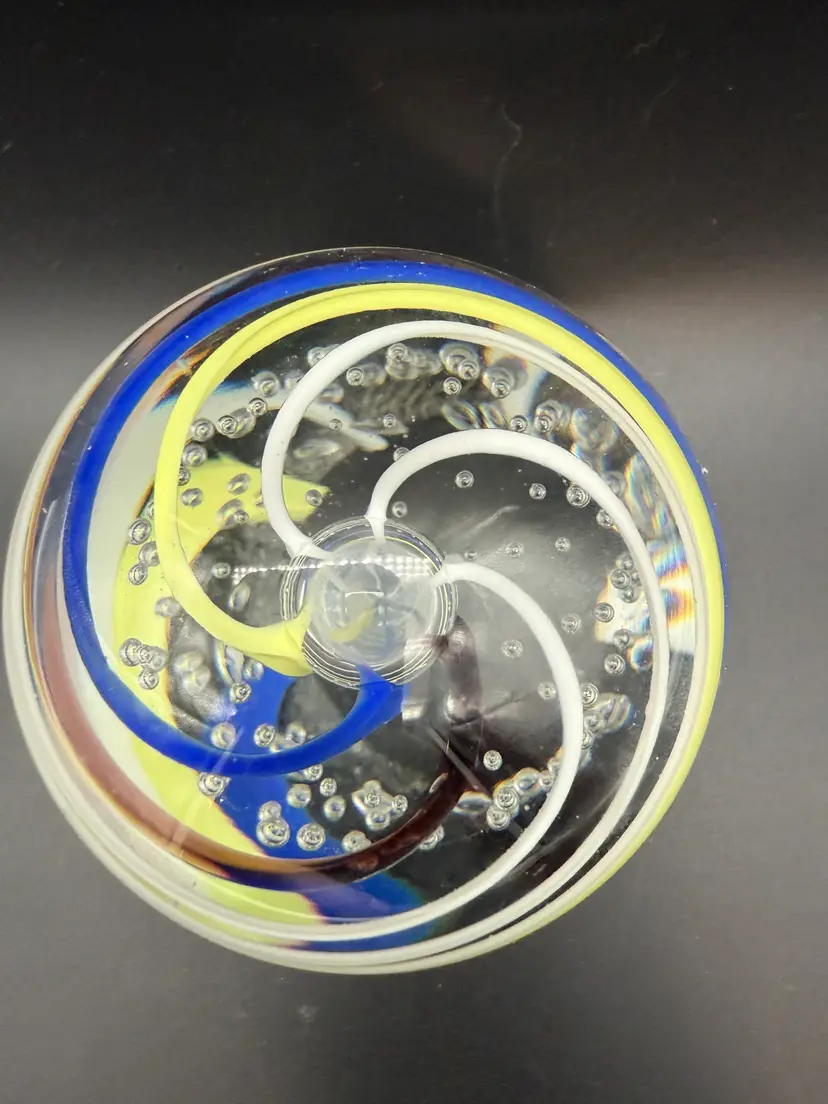 Pink Yellow and Blue Swirl Controlled Bubble Art Glass Paperweight