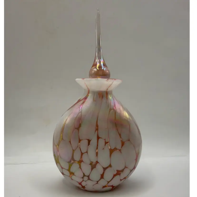 Iridescent Pink Modled Glass Perfume Bottle Teardrop Dauber 5” READ