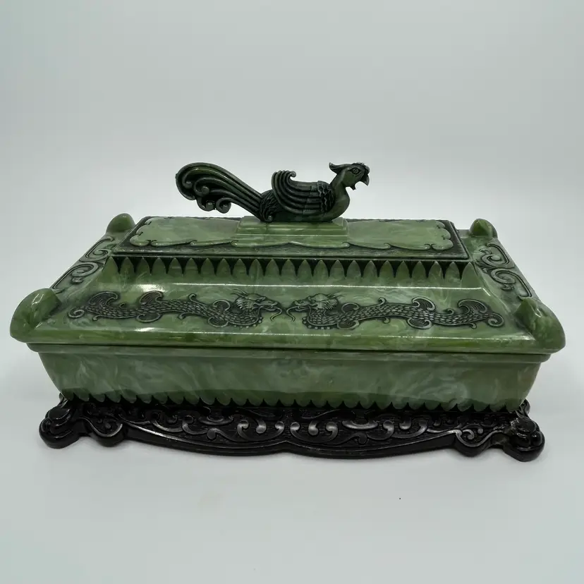 Vintage Celluloid Jewelry Dresser Vanity Box Jade Green Phoenix Dragon Design