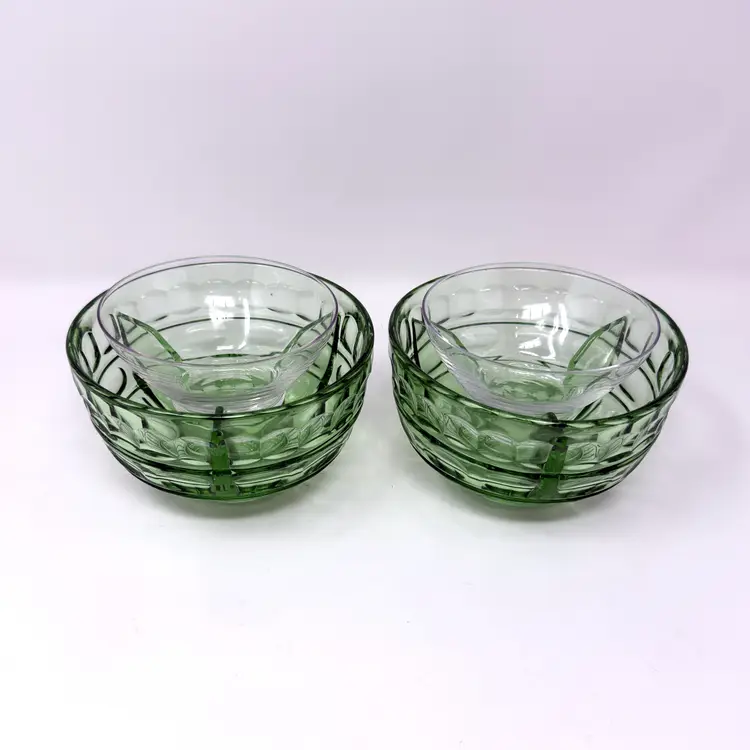 Fostoria Hermitage Uranium Ice Bowls with Inserts – Art Deco Green Glass – Set of 2, 1930s  (0319-25)