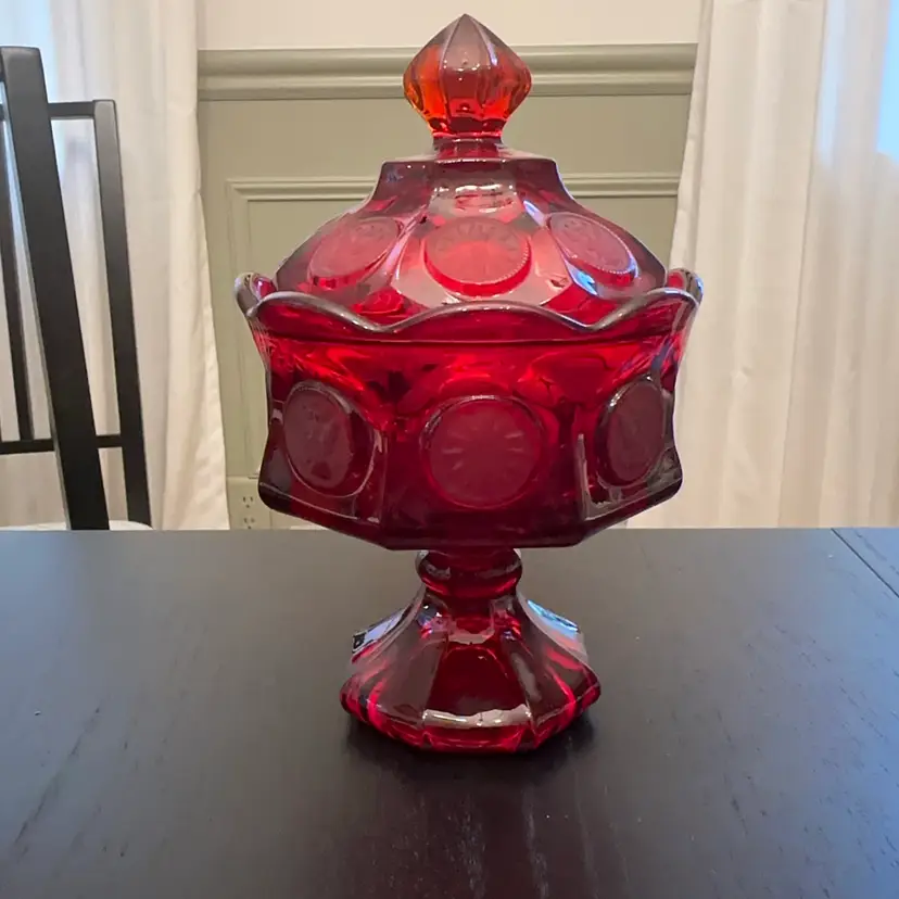 Vintage Fostoria Ruby Red Coin Glass Covered Candy Dish