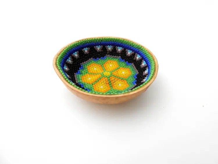 Huichol Ceremonial Mini Gourd Bowl Beaded Flower Design Mexico Artisan Folk Art