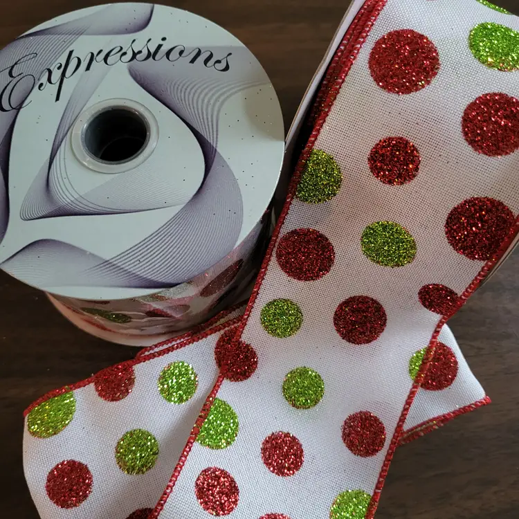Christmas Ribbon Green & Red Polka Dot Glitter Wired Ribbon 2.5” x 16 Yrds Total
