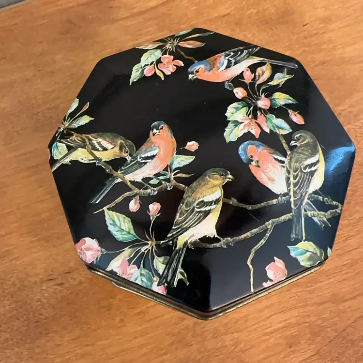 Octagonal Hinged Tin With Bird Motif