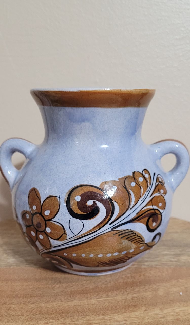 Light Blue Pottery Vase with Brown Bird and Designs 6" x 6"