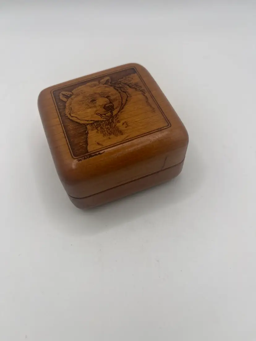 Laser Engraved Wooden Grizzly Bear Lined Trinket Box Signed Cabin