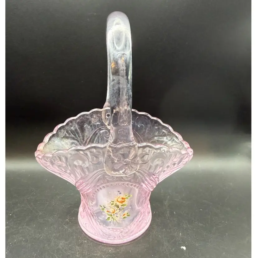 Pink Chiffon Art Glass Basket With Applied Flowers
