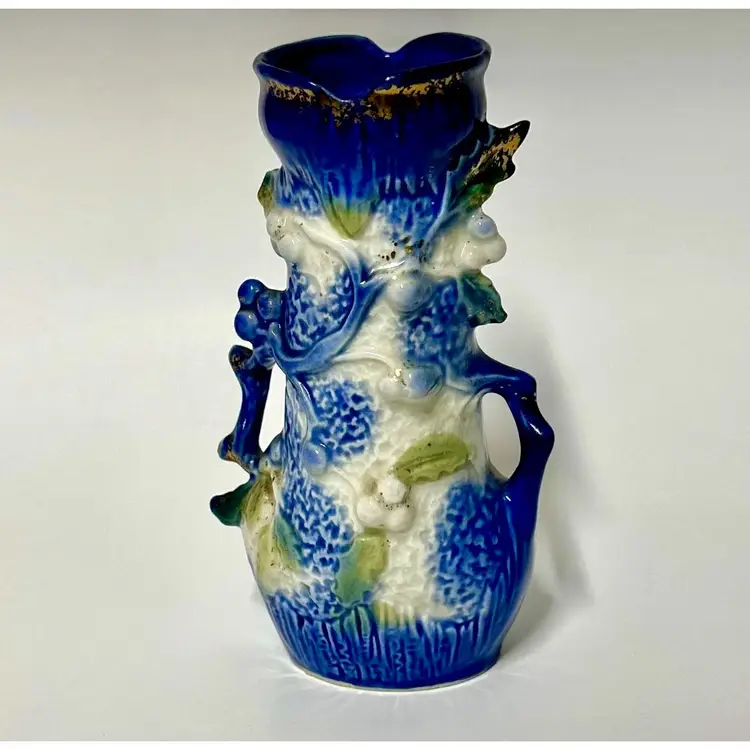 Czech Czechoslovakia Blue Vase Red CM Mark Pottery 7" Hydrangea Flowers Berries