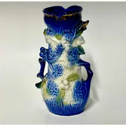 Czech Czechoslovakia Blue Vase Red CM Mark Pottery 7" Hydrangea Flowers Berries