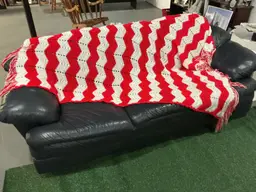 Red and White chevron afghan with fringe. 144x80. Perfect for twin bed or on couch.