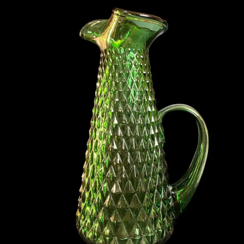 Vintage Empoli Art Glass Emerald Green Diamond Point Pitcher w/ Applied Handle