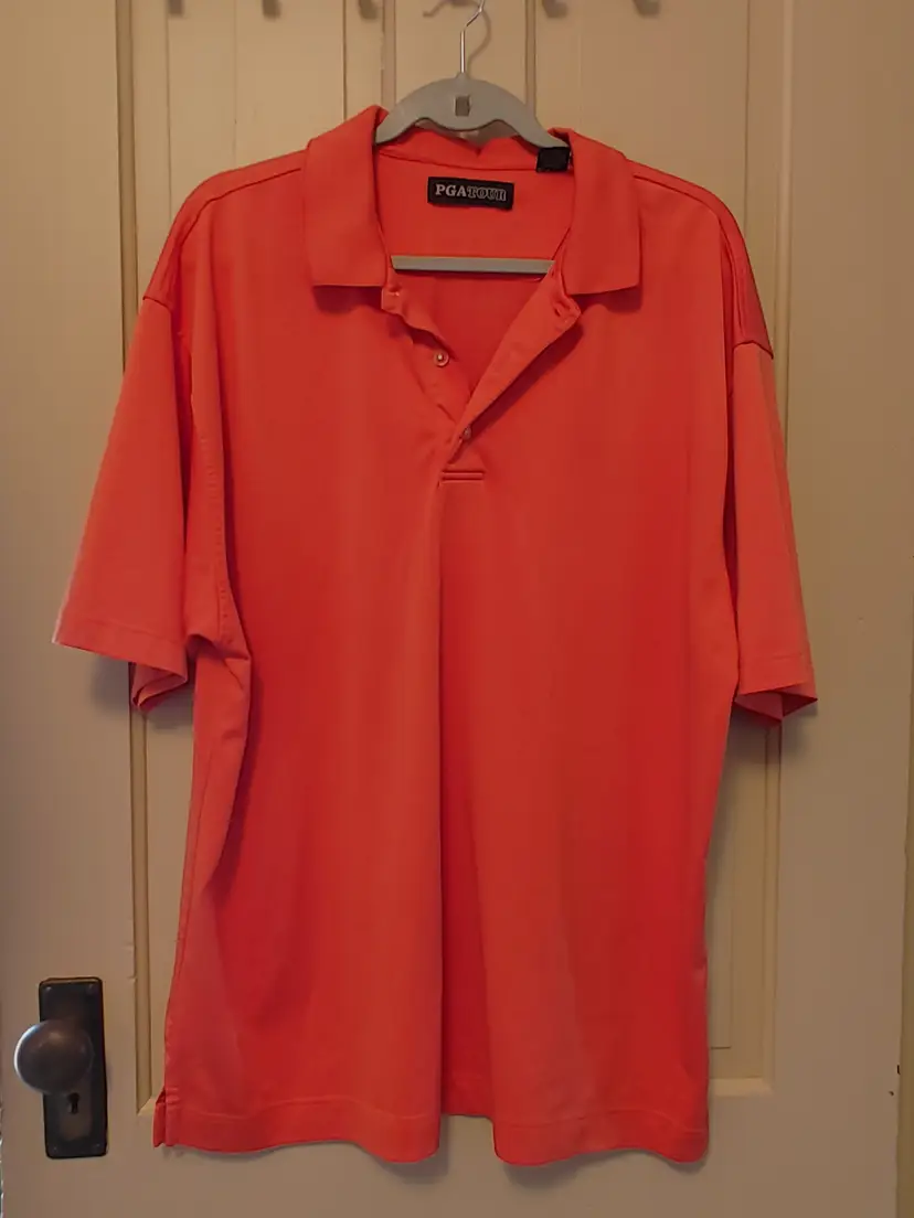 Men's Top- Brand: PGA Tour. Size 2X. Orange shirt. 56% polyester, 26% cotton, 18% modal. No callouts.