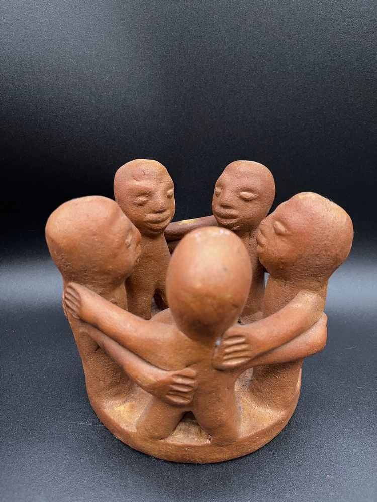 #35 Vintage Aztec Mayan Folk Art Terracotta Pottery “Circle Of Friends” Candle Holder 5.5” 🕯️