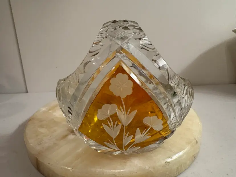 Vtg. Bohemian Hand-Cut Amber Crystal Basket