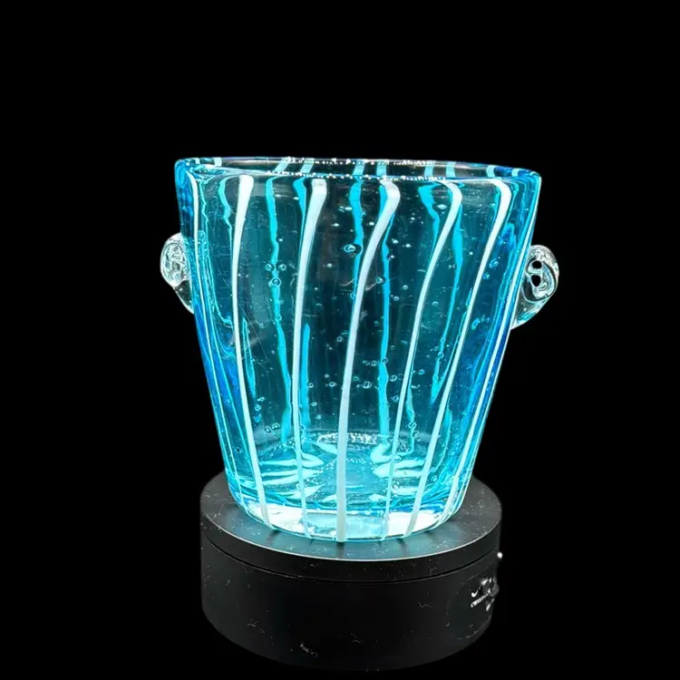 Venini Italian Aqua Applied Stripe Handle Bucket Vase 6” No Noted Flaws