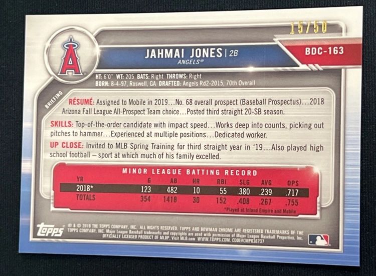Jahmai Jones 2019 Bowman Chrome Draft Sapphire Edition Green /50 #BDC-163 Angels Detroit Tigers