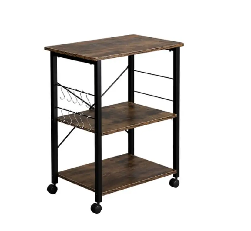 3-story Kitchen Black Iron Frame Microwave Rack 10 Hooks 4 Wheels Vintage Color