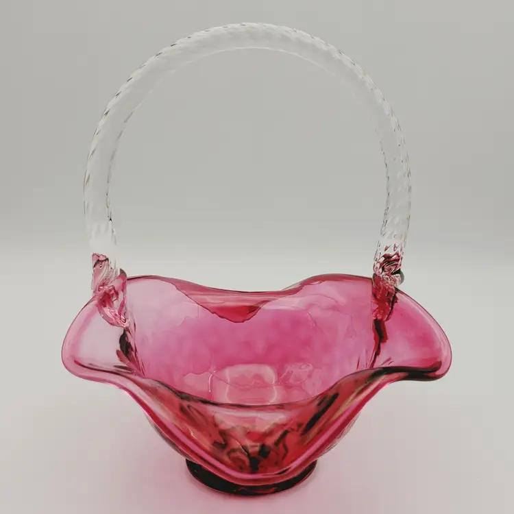 Pilgrim Cranberry Optic Ruffled Glass Basket With Clear Twisted Swirl Handle Vtg