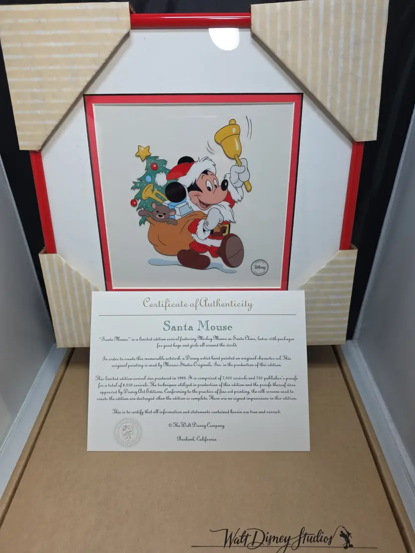 Disney Mickey Mouse Santa Mouse LE 7500 Sericel w/COA Box 1993