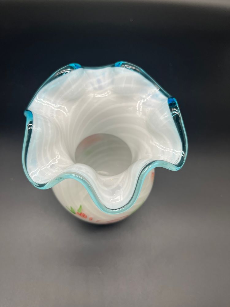 Vintage Fenton Hand-Painted Optic Swirl Opalescent Vase with Ruffled Blue Crest