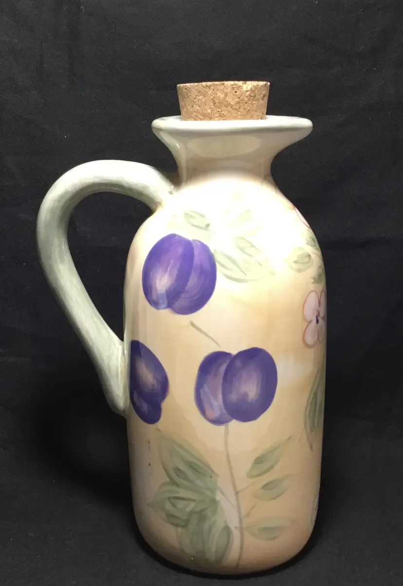 Fruitful ceramic vinegar/oil/cream pitcher, 6" high, glazed, with cork stopper