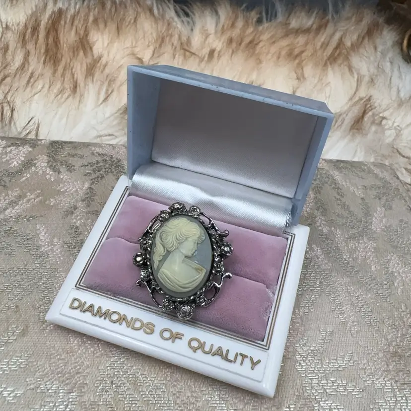 Victorian Cameo, Silver Tone, Brooch, And Pendant Blue Background