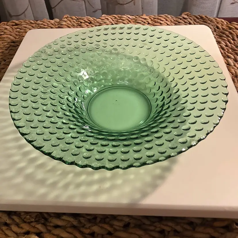 Vintage Fenton Green Hobnail Glass Candy Dish Bowl Scalloped Edge Mid Century