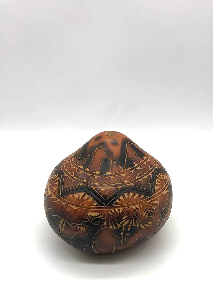 Super Cute Made in Peru Hand Curved Tribal Design Gourd Trinket Lidded Bowl