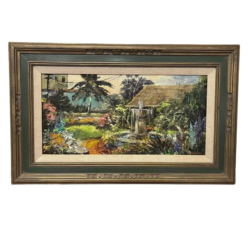 Vintage Tropical Mexico Framed Oil Painting Mid-century Modern Canvas Wall Art
