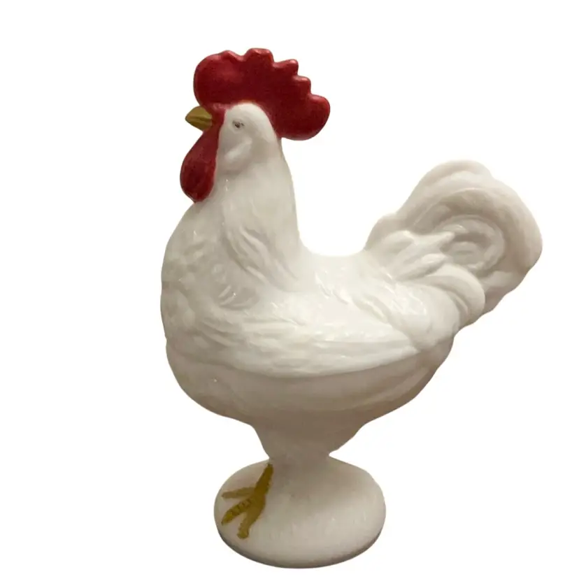 Vintage Westmoreland Milk Glass Rooster Covered Dish With HP Features Including Red Comb And Wattle 8 1/2” X 7”