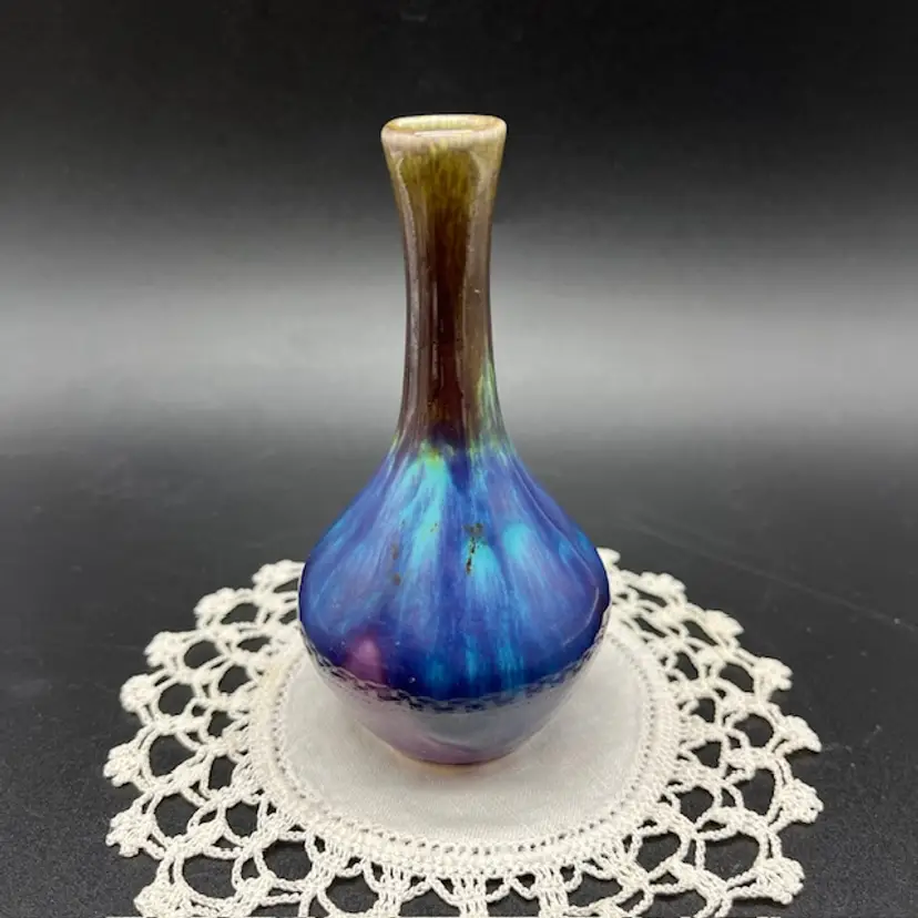 Made In Japan Iridescent Purple & Blue Ceramic Bud Vase Glossy Finish 4" tall VTG