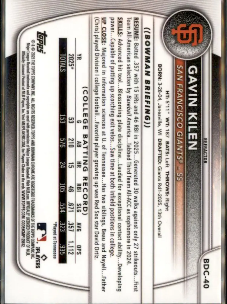 2025 Bowman Draft #BDC-40 Gavin Kilen Chrome Refractor - (138) - San Francisco Giants