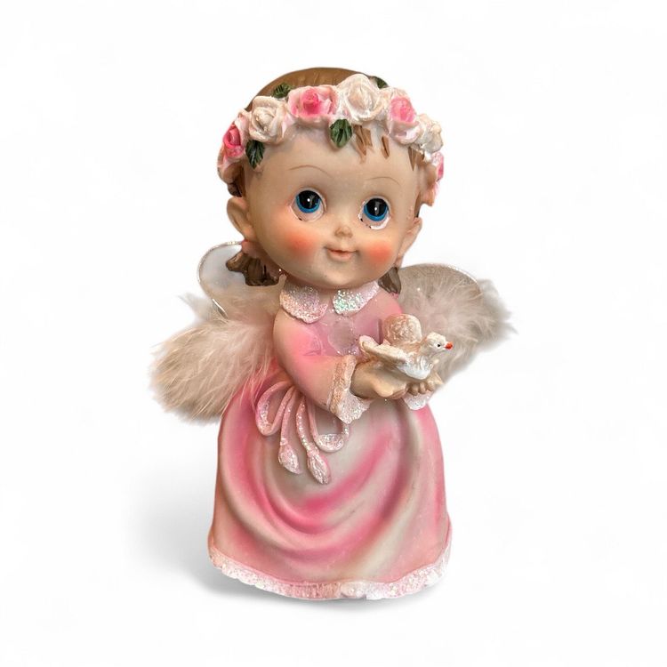 Portofino Pink Poly Resin Angel Figurine With Sheer Feathered Wings