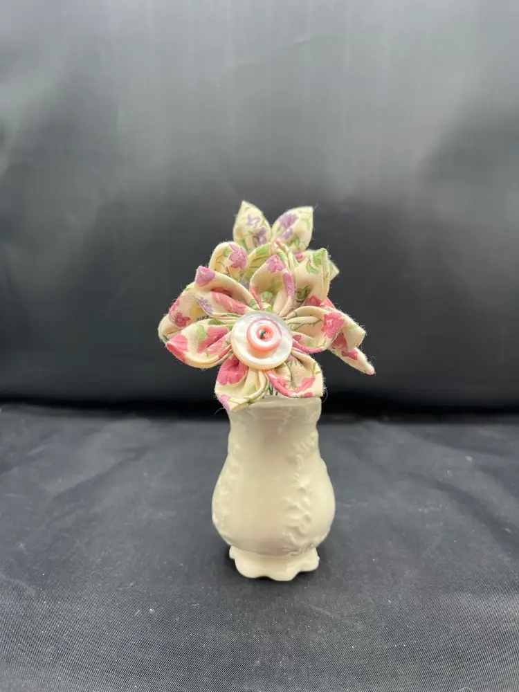 Made By Me Fabric And Button Flowers In Vintage Cream Color Pitcher Shaker
 5.5” x 3.5”
