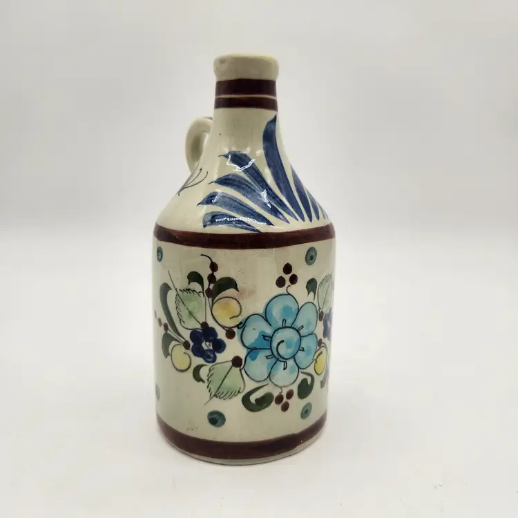 Vintage Tonala Mexico Hand Made Hand Painted Ceramic Jug Folk Art Floral Design