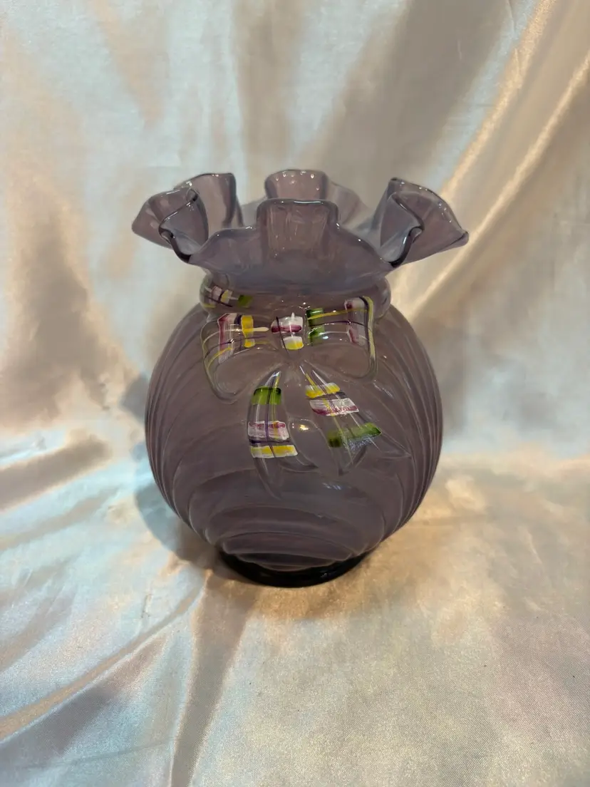 Fenton Lilac Purple Hand Painted Ruffled top vase Signed