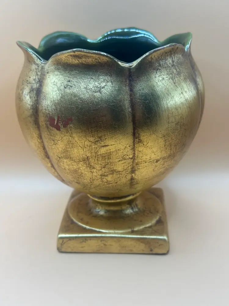 McFarlin Pottery Gold Pedestal Vase: MCM Ceramic Lotus Design