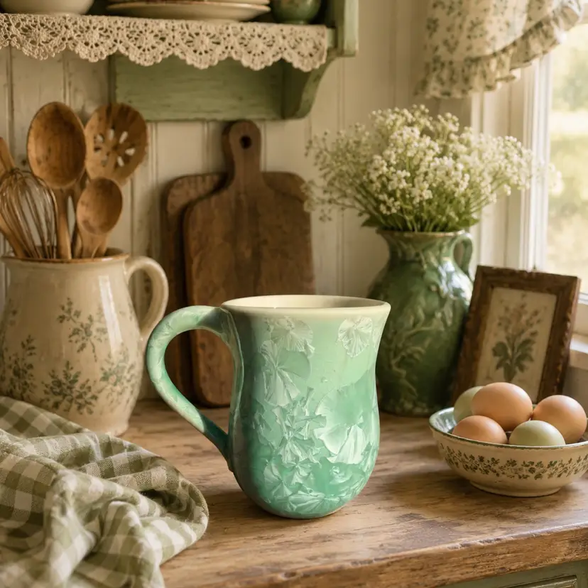 Vintage Art Pottery Green Crystalline Glaze Coffee Mug Tea Cup Signed