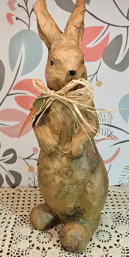Charming Standing Easter Spring Decoupage Style Bunny Rabbit w/ Straw Bowtie 16"