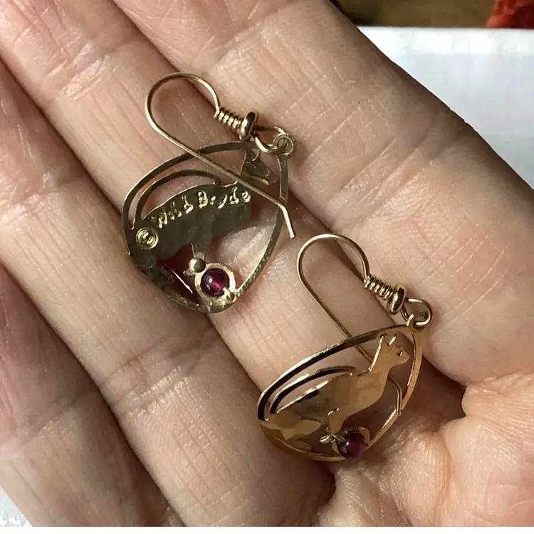 Wild Bryde Playful Cats Gold Plated With Garnet Ball 1.5”