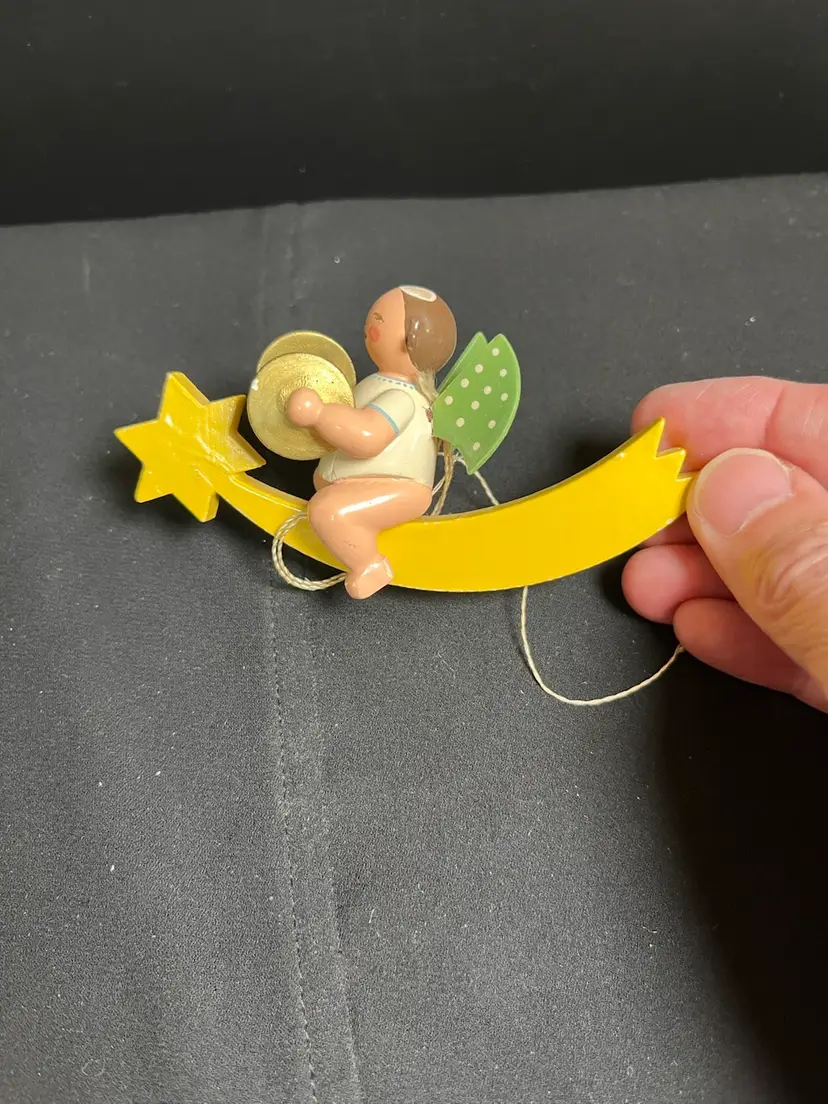 Wendt Kuhn Ergebirge Germany Wood Girl Angel w/ Cymbals on Shooting Star. This Particular Wendt Kuhn has the Characteristic Green Wings w/ 11 Polka Dots-Lot 60