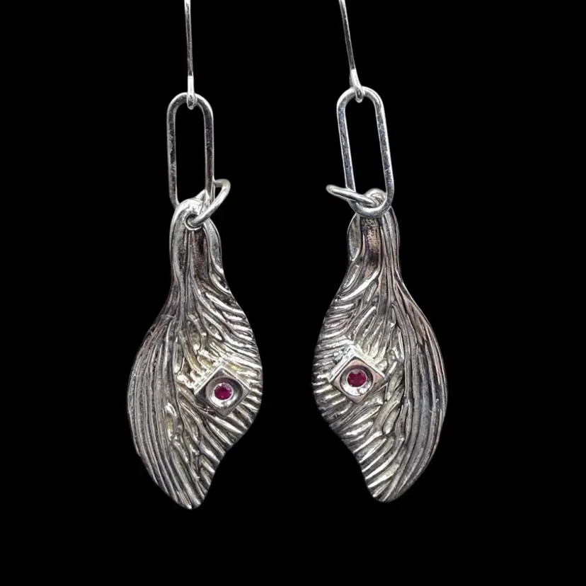 925 Sterling Silver And Ruby Feather Dangle Drop Earrings