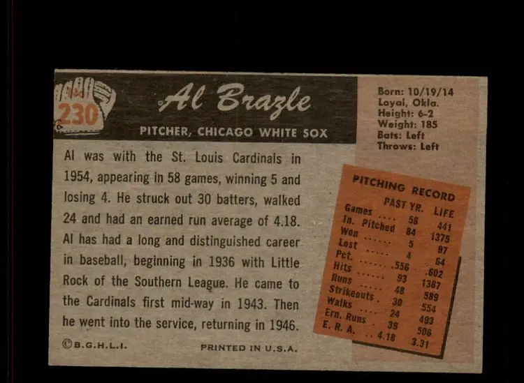 1955 Bowman #230 Al Brazle - (pk-tl3) - Chicago White Sox