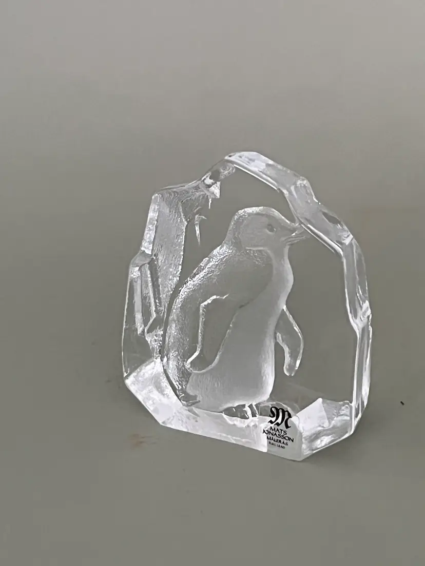 Signed Cast Crystal Penguin Paperweight/Sculpture by Mats Jonasson (Sweden)