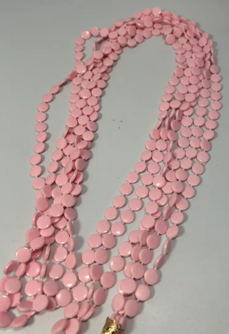 Vintage 3 Strand Pink Flat Round Plastic Bead Matinee Style Necklace 50"