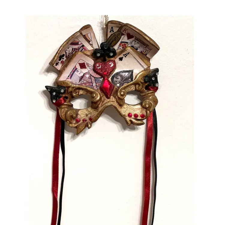 Katherine's Collection Christmas Ornament Gold Poker Mask Cards Hearts Ribbons 4.5x5 in