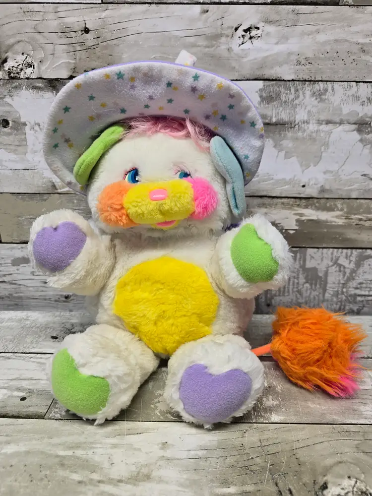 Vintage Popples Baby Bibsy 12” Plush 1986 White Purple Bonnet Rattle Tail