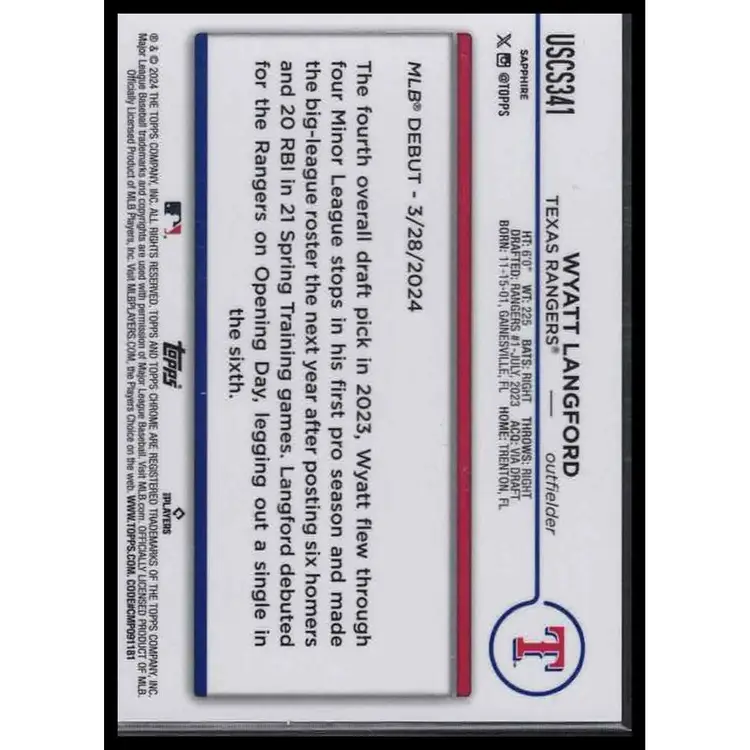 Wyatt Langford RC 2024 Topps Chrome Sapphire Rookie Debut Gold /50