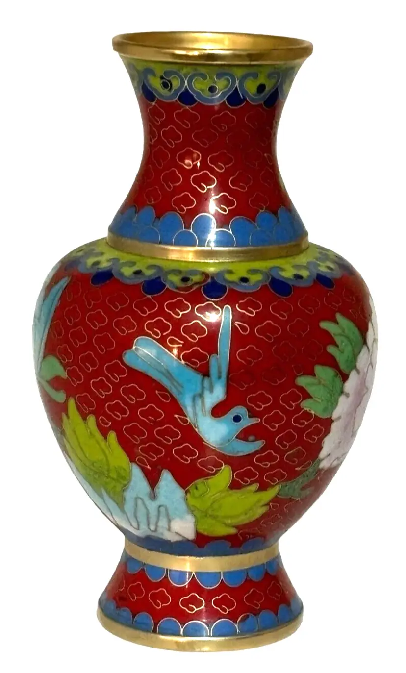 Cloisonne Chinese Enamel Vase 6" Bird Florals